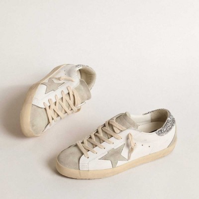 Golden Goose Super-Star Sneakers With Gray Star And Silver Glitter Heel Tab
