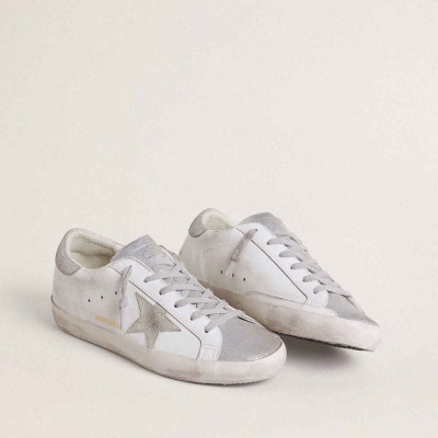 Golden Goose Super-Star Sneakers With Gray Suede Star And Silver Glitter Inserts