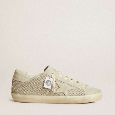 Golden Goose Super-Star Sneakers With Gray Suede Star And Swarovski Crystal Mesh