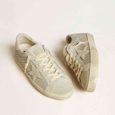 Golden Goose Super-Star Sneakers With Gray Suede Star And Swarovski Crystal Mesh