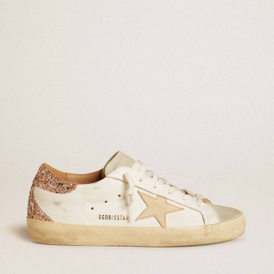 Golden Goose Super-Star Sneakers With Nude Leather Star And Gold Glitter Heel Tab