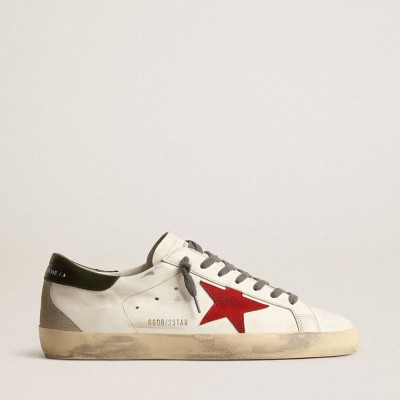 Golden Goose Super-Star Sneakers With Red Suede Star And Green Leather Heel Tab