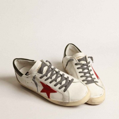 Golden Goose Super-Star Sneakers With Red Suede Star And Green Leather Heel Tab