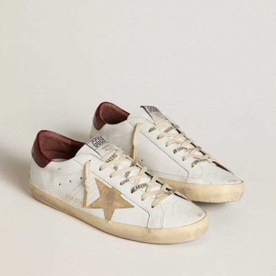 Golden Goose Super-Star Sneakers With Sand Suede Star And Red Croc-print Leather Heel Tab