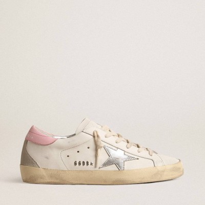 Golden Goose Super-Star Sneakers With Silver Leather Star And Pink Heel Tab