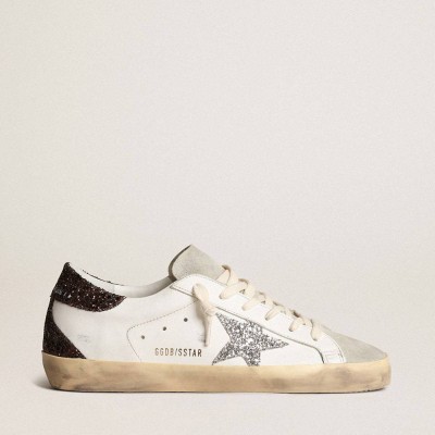 Golden Goose Super-Star Sneakers With Silver Star And Brown Glitter Heel Tab