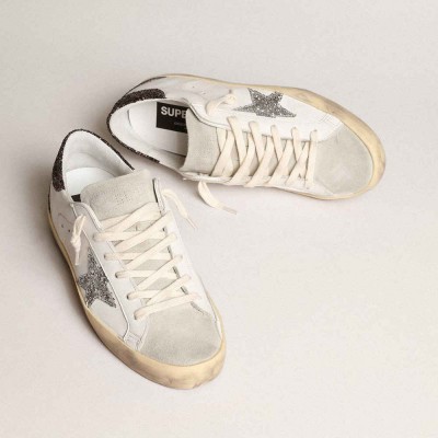 Golden Goose Super-Star Sneakers With Silver Star And Brown Glitter Heel Tab