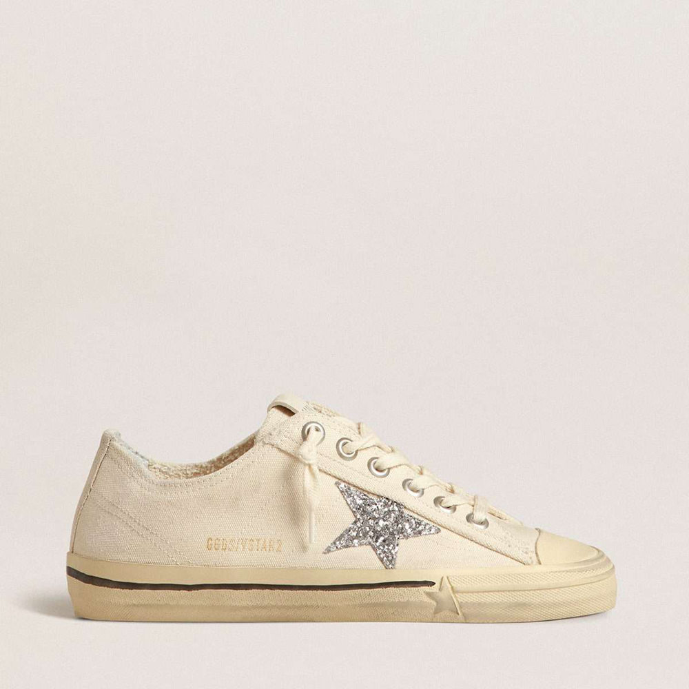 Golden Goose V-Star Sneakers In Beige Canvas With A Silver Glitter Star