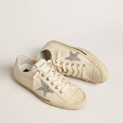 Golden Goose V-Star Sneakers In Beige Canvas With A Silver Glitter Star