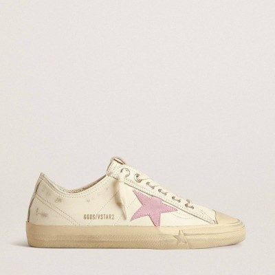 Golden Goose V-Star Sneakers In Beige Nappa Leather With Old-rose Suede Star