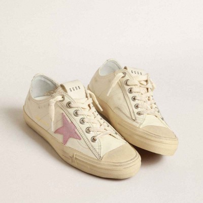 Golden Goose V-Star Sneakers In Beige Nappa Leather With Old-rose Suede Star
