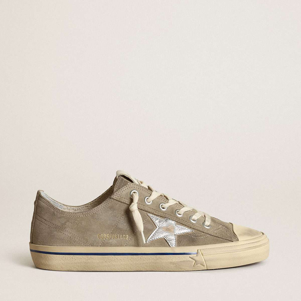 Golden Goose V-Star Sneakers In Dove-gray Suede With Silver Metallic Leather Star