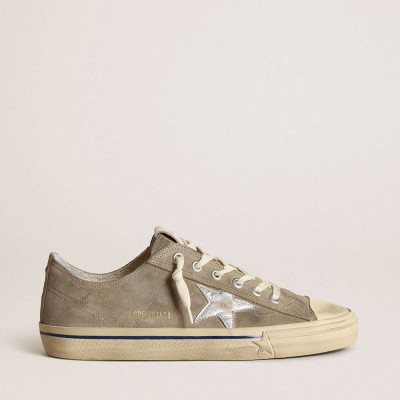 Golden Goose V-Star Sneakers In Dove-gray Suede With Silver Metallic Leather Star
