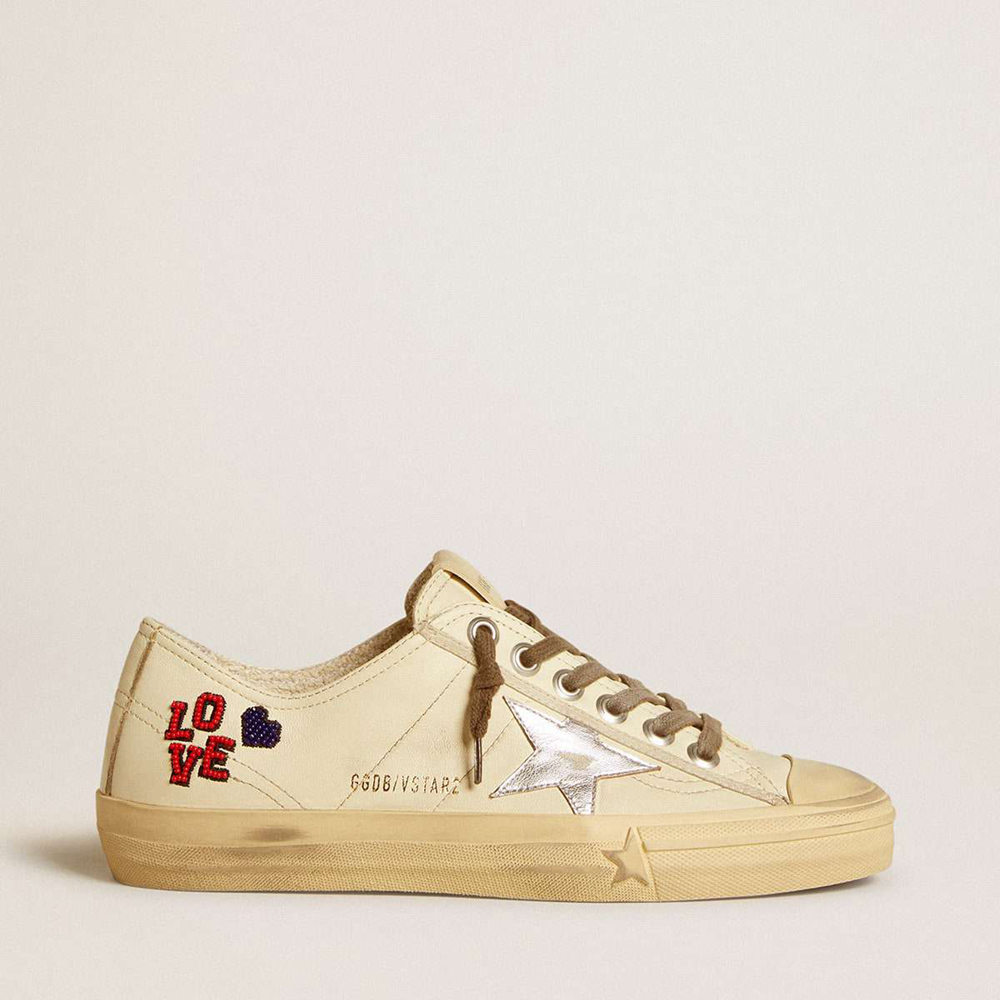 Golden Goose V-Star Sneakers In Ecru Nappa With Silver Nappa Star And Beaded Embroidery