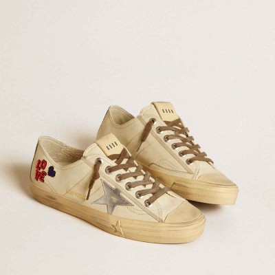 Golden Goose V-Star Sneakers In Ecru Nappa With Silver Nappa Star And Beaded Embroidery