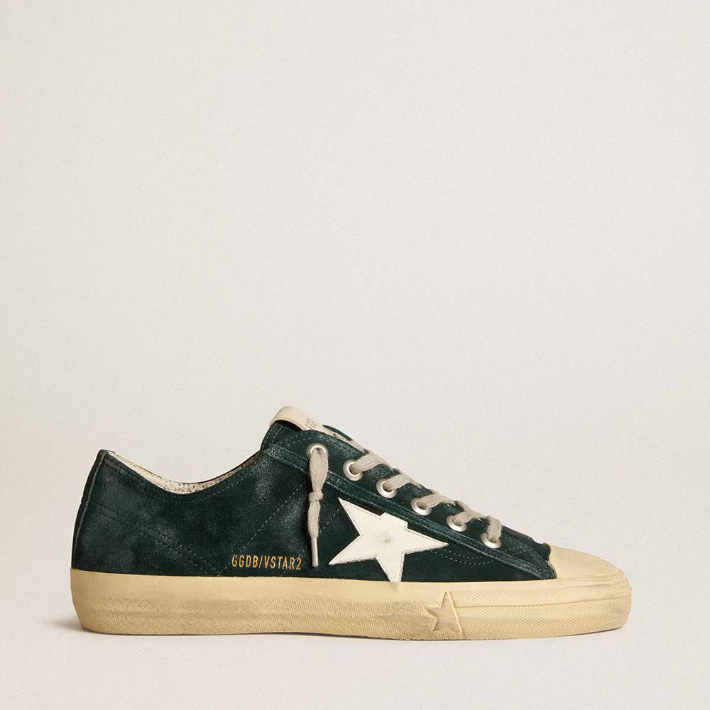 Golden Goose V-Star Sneakers In Forest-green Suede With White Leather Star