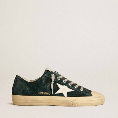 Golden Goose V-Star Sneakers In Forest-green Suede With White Leather Star