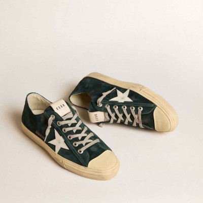 Golden Goose V-Star Sneakers In Forest-green Suede With White Leather Star