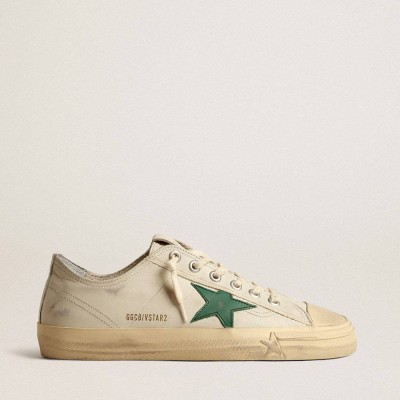 Golden Goose V-Star Sneakers In Glossy Leather With Green Leather Star