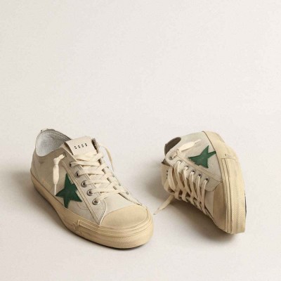 Golden Goose V-Star Sneakers In Glossy Leather With Green Leather Star