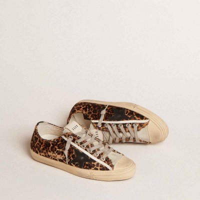 Golden Goose V-Star Sneakers In Leopard Pony Skin With Black Leather Star And Heel Tab