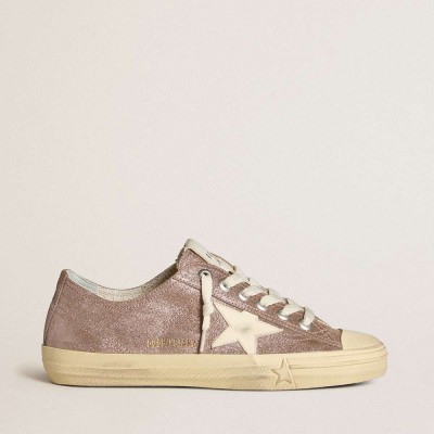 Golden Goose V-Star Sneakers In Light Brown Metallic Suede With Cream Leather Star