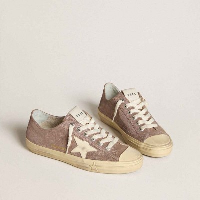 Golden Goose V-Star Sneakers In Light Brown Metallic Suede With Cream Leather Star