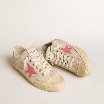 Golden Goose V-Star Sneakers In Light Gray Canvas With A Red Leather Star