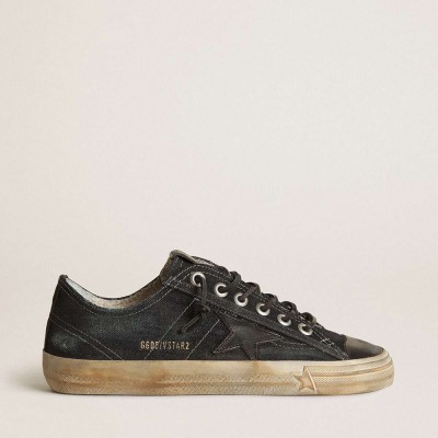 Golden Goose V-Star Sneakers In Midnight-blue Denim With Black Leather Star And Toe