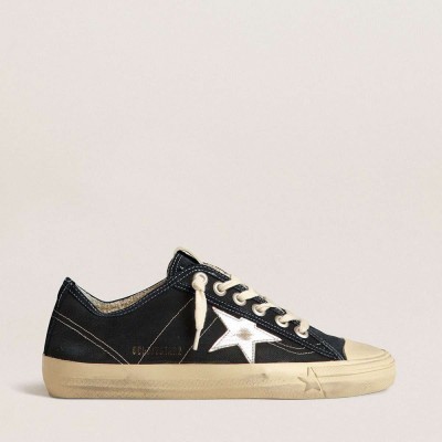 Golden Goose V-Star Sneakers In Navy-blue Canvas With A Silver Laminated Leather Star