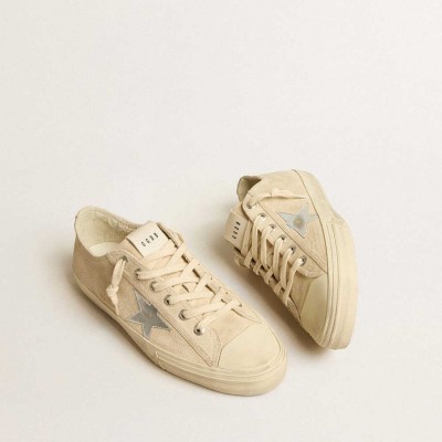 Golden Goose V-Star Sneakers In Pearl Suede With Silver Metallic Leather Star