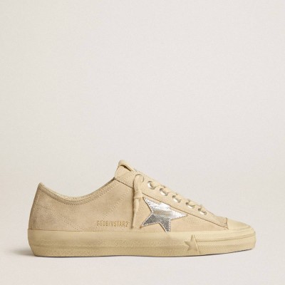 Golden Goose V-Star Sneakers In Pearl Suede With Silver Metallic Leather Star