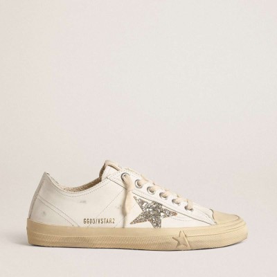 Golden Goose V-Star Sneakers In White Leather With A Platinum Glitter Star