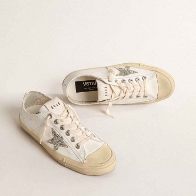 Golden Goose V-Star Sneakers In White Leather With A Platinum Glitter Star
