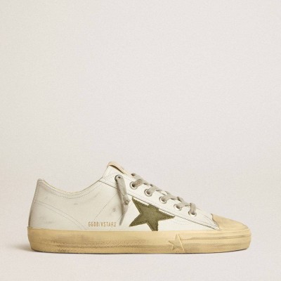 Golden Goose V-Star Sneakers In White Leather With Green Canvas Star