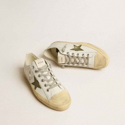 Golden Goose V-Star Sneakers In White Leather With Green Canvas Star