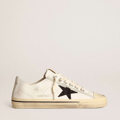 Golden Goose V-Star Sneakers In White Nappa Leather With A Black Glitter Star