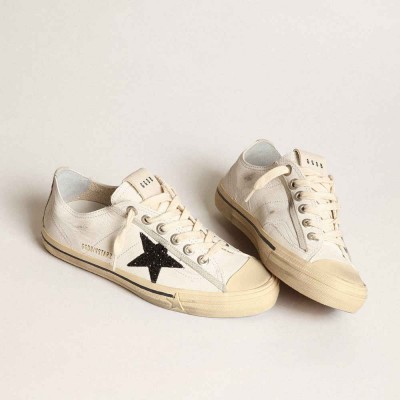 Golden Goose V-Star Sneakers In White Nappa Leather With A Black Glitter Star