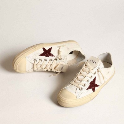 Golden Goose V-Star Sneakers In White Nappa With Red Glitter Star
