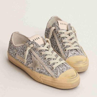 Golden Goose V-Star LTD Sneakers In Silver Glitter With Ice-gray Suede Star