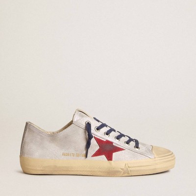 Golden Goose V-Star LTD Sneakers In Silver Metallic Suede With Red Suede Star