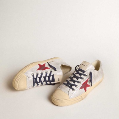 Golden Goose V-Star LTD Sneakers In Silver Metallic Suede With Red Suede Star