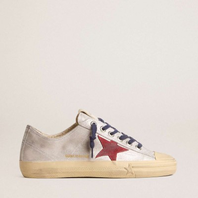 Golden Goose V-Star LTD Sneakers In Silver Metallic Suede With Red Suede Star
