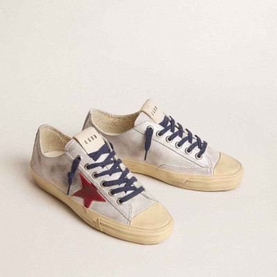 Golden Goose V-Star LTD Sneakers In Silver Metallic Suede With Red Suede Star
