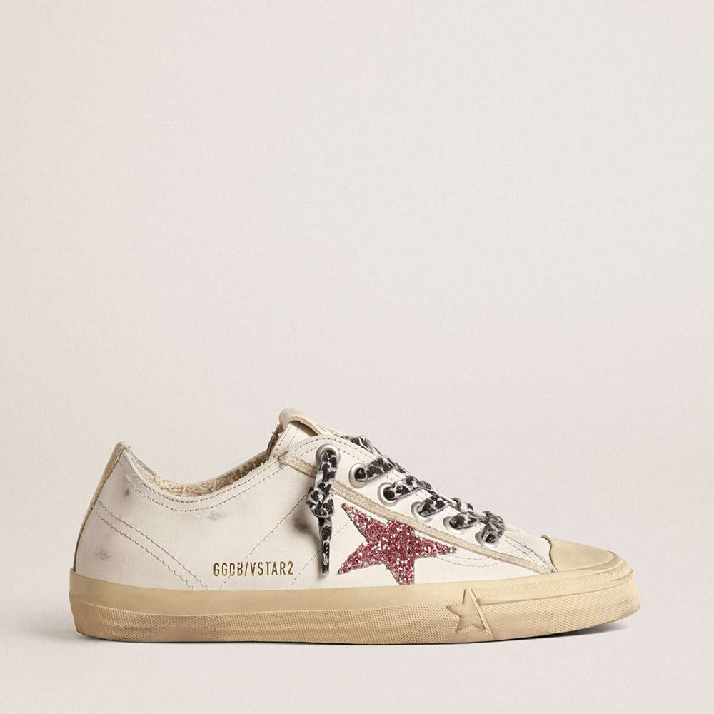 Golden Goose V-Star Sneakers With Pink Glitter Star And Metallic Leather Heel Tab