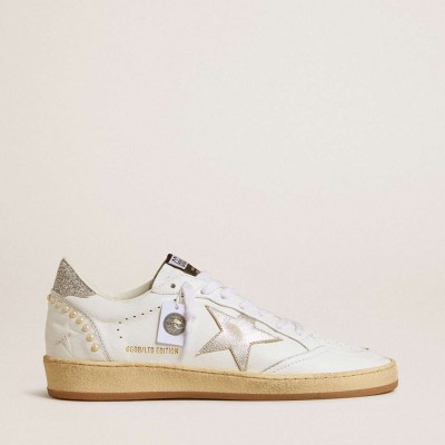 Golden Goose White Ball Star Sneakers With A Silver Star And Swarovski Crystal Heel Tab With Pearls