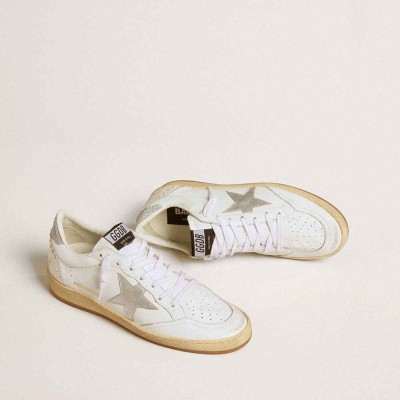 Golden Goose White Ball Star Sneakers With A Silver Star And Swarovski Crystal Heel Tab With Pearls