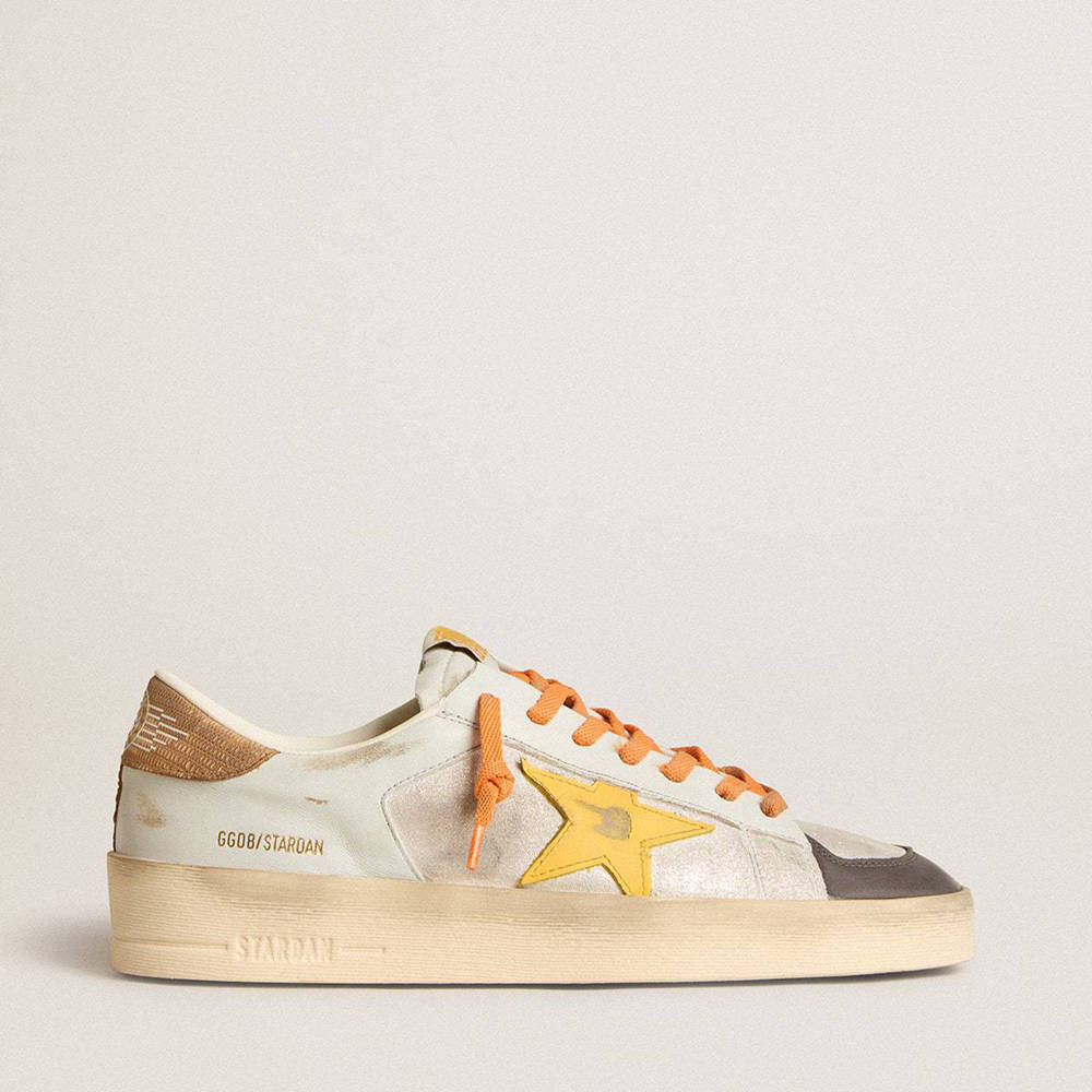 Golden Goose White Stardan Sneakers With Ocher Leather Star And Nubuck Inserts